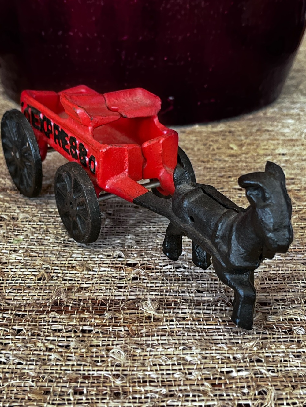 Vintage Red Cast Iron Goat Drawn Pony Express Wagon